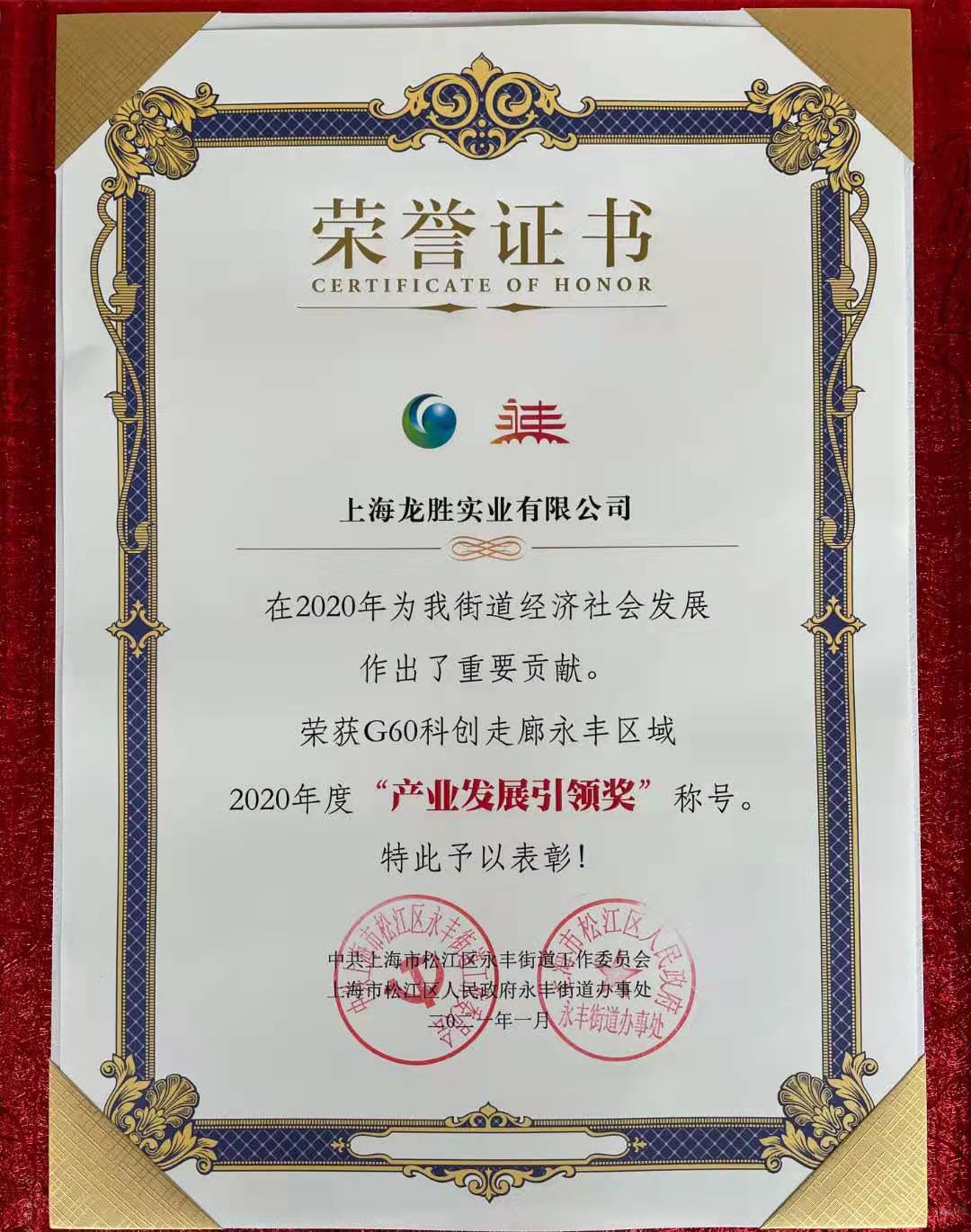 龍勝實業(yè)榮獲“G60科創(chuàng)走廊永豐區(qū)域2020年度產(chǎn)業(yè)發(fā)展引領(lǐng)獎”